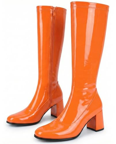 Golden Beads Damen GoGo-Stiefel für Kostümpartys, 1960er & 1970er Retro-Look, Damen Kostümstiefel mit Reißverschluss in Lackfarben, mittlerer Blockabsatz 6,35 cm, Größe 3 UK - 12 UK, Orange, 37 EU