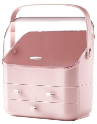 LINFIDITE Cosmetic Storage Box with Lid Makeup Organizer Box with Dust Free Cover Portable Handle,Large Makeup Display Case with Drawers Fully Open Lid,Great for Bathroom Countertop Bedroom Dresser