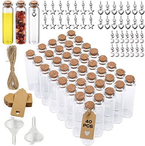 Amzeeniu 40pcs Petite Fiole en Verre avec Bouchon 20ml mariage Mini flacon 22 x 80mm Contenant Dragées Verre Bouteille,Pendentif métal,Carte,Entonnoir,ficelle
