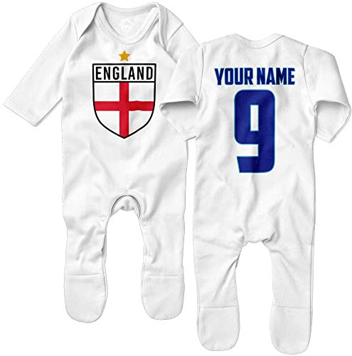 Personalised England Romper Suit 2024, Baby Boys and Girls Football Your Custom Name and Number Printed England Outfit, New Updated 2024 kit, Retro Gifts for English Fans, 3-6 Months, White
