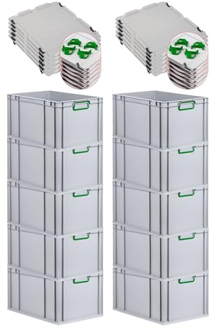 PROREGAL SuperSparSet 10x Eurobox NextGen Color mit Auflagedeckel & Schiebeschnappverschlüsse, HxBxT 32x40x60cm, 65L, Griffe grün geschlossen, Verstärkter Boden, Eurobehälter Transportbox