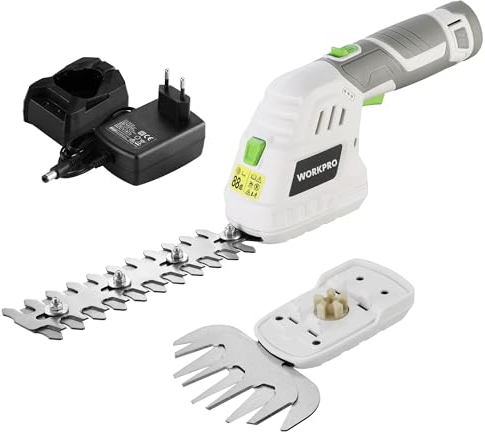 WORKPRO Tagliasiepi a Batteria 12V Bianco, 2-in-1 Forbici a Batteria con 2 lame, batteria da 2Ah e caricabatterie, tagliaerba elettrico Per diserbare, potare gli alberi, tagliare l'erba