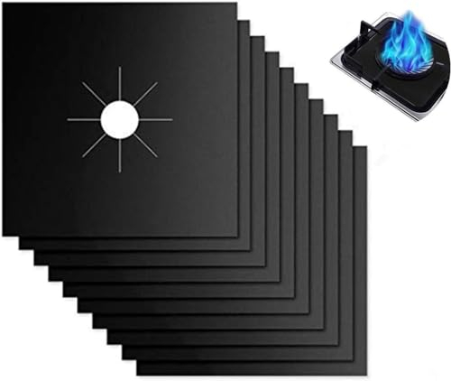 YOUNLEN 10 PCS Protectores Antiadherentes de Estufa a Gas, Reutilizables Tapetes del Rango del Gas Quemador Para Almohadillas Limpieza, Cubiertas para Hornillos Gas(Negro)