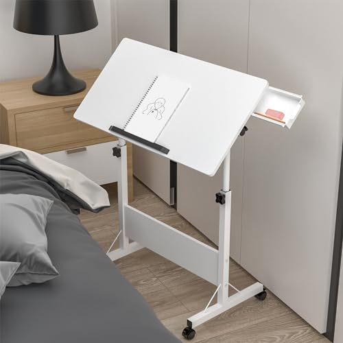 PIPIPOXER 80x40cm Klappbarer Computertisch mit Rollen, Laptoptisch Höhenverstellbarer 64-89cm, Schreibtisch Computertisch Mobiler Stehtisch Überbett-Tisch 360°, Beistelltisch, Weiß