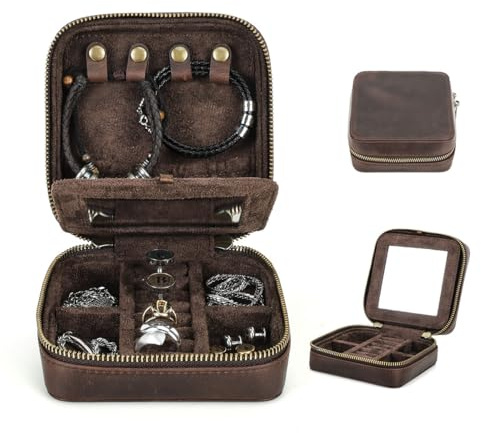 CONTACTS Genuine Leather Jewelry Box Travel Jewelry Storage Organizer for Men Portable Case for Cufflinks Ring Necklace Earrings with Mirror, Square+mirror, Coffee