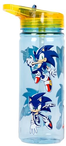 Sonic The Hedgehog Plastic Straw Water Bottle for Boys 580ml | BPA Free, School Water Bottle, 100% Leakproof, Durable Drink Bottle