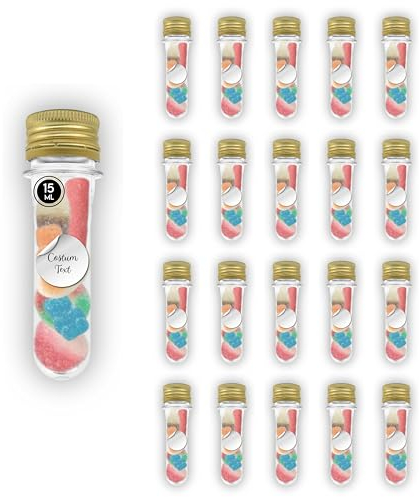 20 Reagenzgläser aus PET-Kunststoff, transparent, 15 ml, mit Schraubverschluss, Süßigkeiten und Etikett personalisierbar – Labor, Kunststoffröhrchen, sensorische Flaschen – Süßigkeiten, Partys,