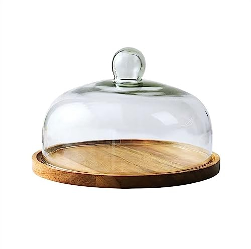Alzata per Torta Piatto da torta in legno di alta qualità, copertura in vetro trasparente, tavolo da dessert, pane, vassoio da esposizione Dim Sum Alzata per Dolci(10inch)