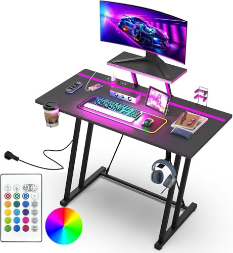 HaodaCulture Mesa Gaming, Escritorio Gaming con Tomas de Corriente y Luces LED, Mesa con 2 Puertos de Carga USB y 2 Enchufes para Ordenador