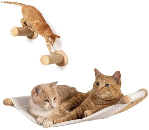 TOOSOAR Katzen Kletterwand Set,mit 2-er Treppen Katzenhängematte,Kängematten Katzen Wand bis zu 20kg,Katzen Wandelemente zum Schlafen und Ausruhen