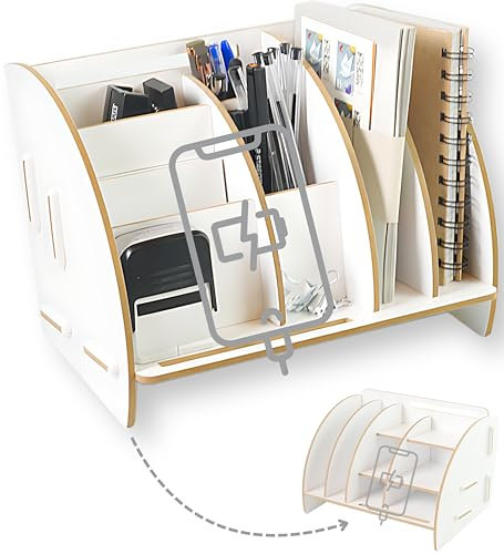 clipfritz - Schreibtisch Organizer mit Handyhalter aus Holz in Weiß (ca.25x19x17,5cm) Tischorganizer für Home-Office, Büro - Aesthetic Desktop Büroorganisation: Briefständer, Stiftebox, Ablagefächer