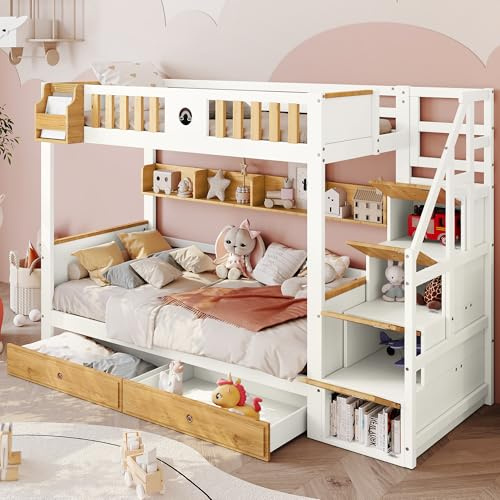 Ymkua Etagenbett Kinderbett 90x200, Hochbett mit Stauraum, Holzbett mit Schließfächer, Kinder Bett mit Rausfallschutz, Offenes Regal und 2 Schubladen, Hausbett mit Lattenrost,Weiß+Natur ohne Matratze