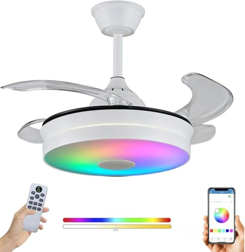 LUMIKING Ventilateur de plafond avec lumière LED - Ventilateur avec pales rétractables et RGB - Lampe de ventilateur silencieuse et moderne avec télécommande, Bluetooth et APP (108 CM)