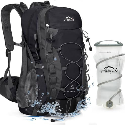 INOXTO Wanderrucksack, 35 L/40 L, leichter Wanderrucksack mit wasserdichtem Regenschutz, für Reisen, Camping, Outdoor, Herren und Damen (35 L, Schwarz mit 3 L Trinkblase)