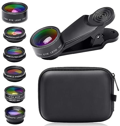 Severnier 7-in-1 Mobile Phone Lens Kit, Universal Phone lens with dust bag, 198° Fisheye Lens, 0.63X Wide Angle, 15X Macro Lens, CPL, Kaleidoscope, Phone camera lens kit for most smartphone (Black)