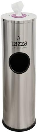 Dispensador de toallitas de gimnasio con soporte de piso de acero inoxidable, cubo de basura integrado, soporte para toallitas para equipo de fitness, 1.5 galones, plateado