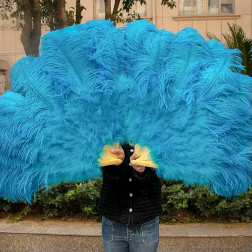 Abanico de plumas de avestruz natural azul, abanico plegable grande de mano de 13 huesos para carnaval, espectáculos, bailes, fiestas, accesorios para escenarios, azul lago, 130 cm, 1 unidad