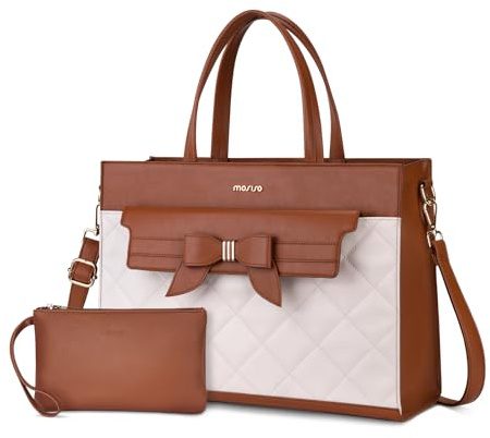 MOSISO Bolsa Tote Portátil, 15,6 Pulgadas Cuero PU Flapover Bolsillo Bolsa Tote&Bolso Embrague, Bolso Trabajo con Bowknot para Mujeres, Impermeable Maletín Ordenador para Oficina Negocios,Marrón