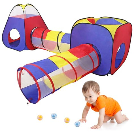 Zosenyer Tienda Campaña Infantil, 4 en 1 Pop Up Plegable Casitas con Tunel Exterior o Interior, de 1 año Niños Niñas Juguetes Regalos (Rojo)