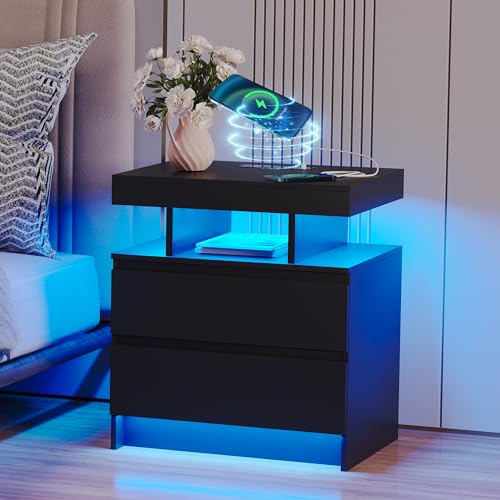 Vlsrka LED Comodino con stazione di ricarica, luce a 3 colori, Nero | Comodini intelligenti con presa elettrica, comodini con 2 cassetti, tavolino moderno, tavolino da camera da letto