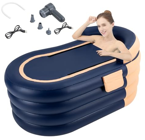 Aufblasbare Badewanne,Aufblasbare Faltbare Mobile Freistehende Badewanne,Ergonomische Rückenlehne,PVC,Eisbad mit Abdeckung & Pumpe für Erwachsene bis zu 180cm und Dusche,140 * 74 * 84cm (Orange+Blau)