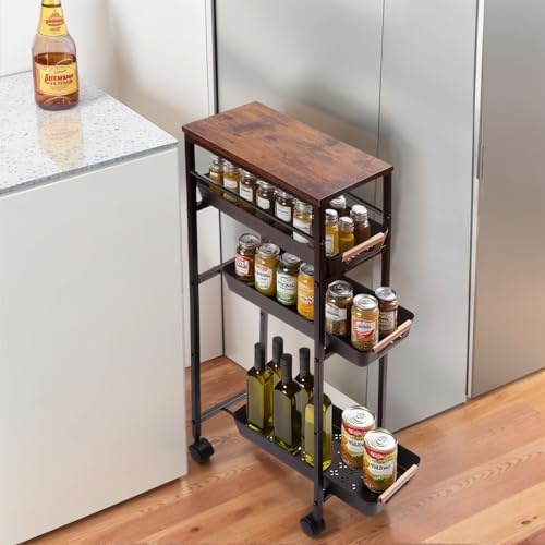 Solcasaco 5 Tier Slim Rolling Storage Cart with Wood Top, Narrow Laundry Room Organizer for Tight Gaps, Metal Bathroom Gap Filler, Kitchen Pantry Trolley, Small Spaces (Black)