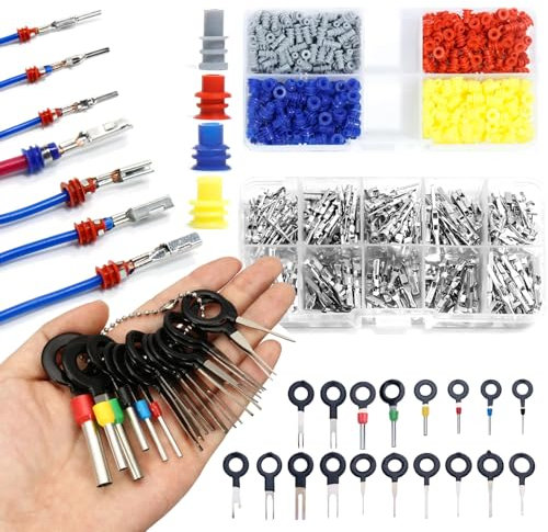 Syhdfxknp 708 Piezas de Kit de Conectores Electricos Incluye 290 Terminales Electricos 400 Tapones Impermeables y 18 Extraedores de Pines Compatible con Enchufes Eléctricos de 12V y Conector Rapido