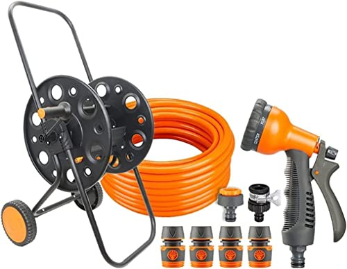 Portable Hose Pipe Reel，Garden Hose Reel Cart with Hose and Wheels, Durable Powder Coat Finish, for Home Patio Deck Yard Garden Driveway Stable Hose Guide(50M Hose)