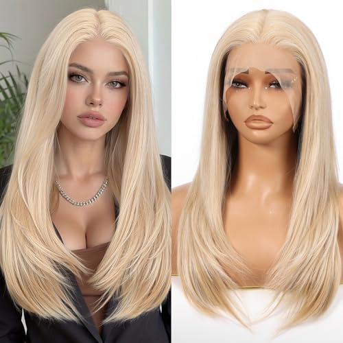 Allbell 13x6 Lace-Front-Wig in Highlight-Blond für Frauen, 22 Zoll lange, gerade gestufte Perücke, glueless synthetische HD-Lace-Wigs für den täglichen Gebrauch und Partys.