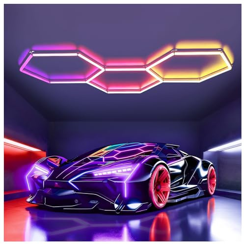 RGB LED Hexagon Beleuchtung 3 Hex, 144W Superhell dimmbare verknüpfbare Sechseck-Garagenleuchten Deckenleuchten mit Fernbedienung/APP für Gaming-Zimmer Bars Partys Fitnessstudio Auto-Schönheitssalon