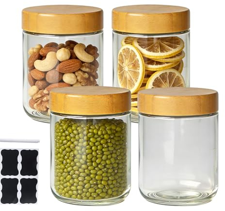 BUCOMTU Tarros de Cristal con Tapa Hermética Rosca, 4 Piezas 480ml Tarros de Cristal con Tapa Hermética, Tarros Cristal Reutilizables, Overnight Oats Jar, para Avena, Ensaladas, Mermelada