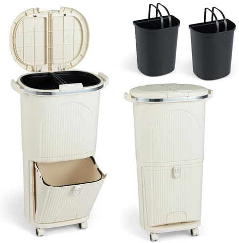 LIFEZEAL Cubo de Basura Reciclado de 38 L, de Plástico Beige, Diseño Vertical de 2 Capas con Pedal Oculto, Tapa a Presión, Ruedas con Frenos y Compartimentos para Clasificación de Residuos (Beige)