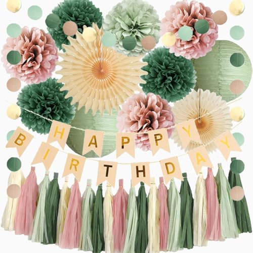 Geburtstagsdeko Salbeigrün Rosa Mädchen Party Deko Geburtstag Grün Rosa Frau Retro Boho Geburtstagsdeko Olivgrün Rosa mit Happy Birthday Banner Beige Gold Salbei Creme Dusty Rose Quaste Girlande