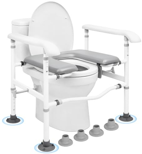 Raised Toilet Seat for Seniors, Toilet Seat Riser with Handles & Padded Seat, Supports up to 150kg, Height & Width Adjustable, Bedside Commodes for Elderly, Pregnant | with Handles & Padded Seat