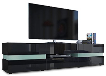 Vladon Lowboard Flow, Made in Germany, TV-Kommode mit Ambient Light Verglasung mit 2 Türen, 1 Schublade und 1 Klappe, Schwarz matt/Schwarz Hochglanz (177 x 45 x 39 cm)