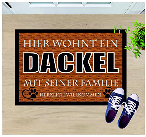 Crealuxe Fussmatte – “ Hier wohnt EIN Dackel mit Seiner Familie “ - 60x40 cm - Gummi Rückseite/rutschfest - Filzoberfläche - Bedruckte Türmatte - Innenmatte - Schmutzmatte