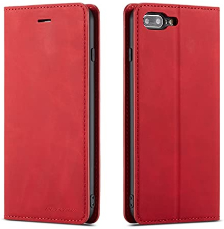 QLTYPRI Hülle für iPhone 7 Plus 8 Plus, Premium Dünne Ledertasche Handyhülle mit Kartenfach Ständer Flip Schutzhülle Kompatibel mit iPhone 7 Plus 8 Plus - Rot | Retro PU Leder Klapphülle, Handyhülle mit 3 Kartenfächer, Standfunktion, Weicher Dünne TPU-Rahmen, Stoßfeste Flip Wallet Case