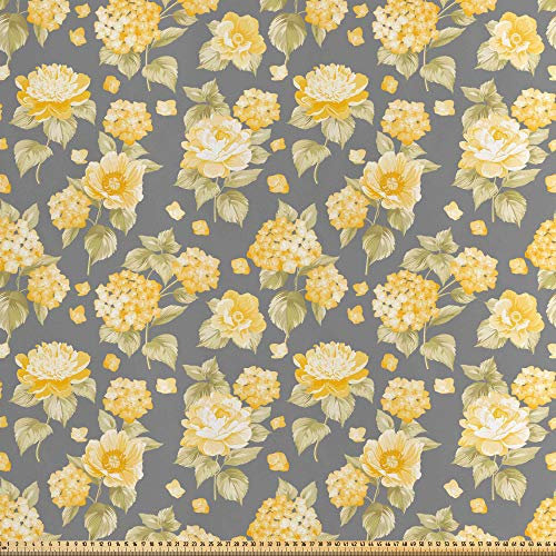 ABAKUHAUS Flower Fabric by The Yard, Hydrangea Chrysanthemum Hortensia Pattern Countryside Old Style Illustration, Fabric for Upholstery and Home Decor Accents,5M (148x500cm), Yellow Grey Green