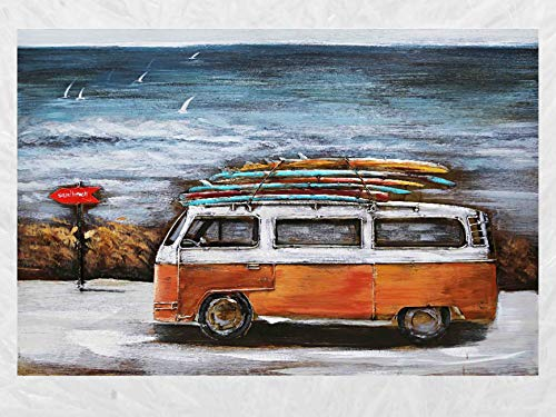 IDYL Metall-Bild mit 3D-Effekt | Moderne Kunst | Van mit Surfbrett am Strand | 80 x 120 x 7 cm | Nr. 1170 | Orangefb.