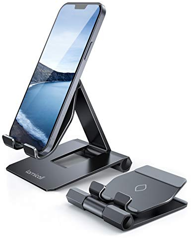 Lamicall Aluminum Phone Stand, Adjustable Phone Holder - Foldable Metal Stand Mount Cradle Dock for Desk, for iPhone 17/16/15/14/13/12/11 Pro Mini Air Pro Max, Xs M, Samsung S23, Smartphones - Black