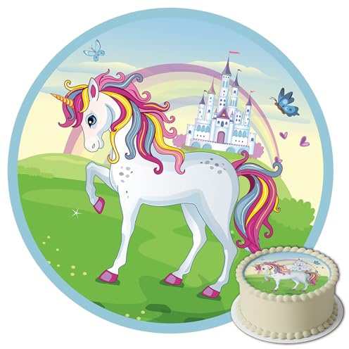J&M DECO Tortenaufleger Einhorn essbar – rund 20cm Ø – Zuckerdekoration für Kindergeburtstag – hochwertige Tortendeko für Mädchen – sofort verwendbar – EU Produktion