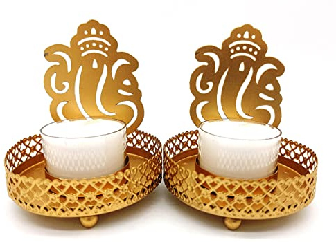 Deko-Paket 2 traditionelle Schatten Diya Teelicht-Kerzenhalter Metall Hindu Glücksgott Ganesha inklusive 2 x 8 h Teelichter, Spiritualität Dekoration Hochzeit Geschenk Diwali Indien