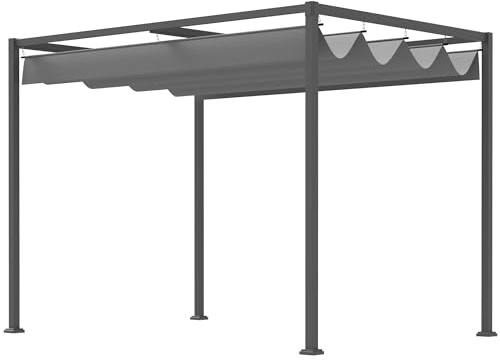 Outsunny Pérgola 3x2 m Cenador de Jardín Pabellón de Diseño Elegante con Techo Retráctil de Poliéster con Recubrimiento Resistente Anti-UV Impermeable para Celebraciones Fiestas Bodas Gris