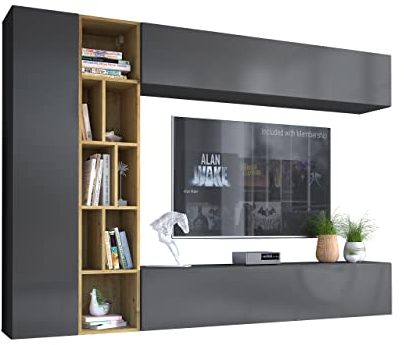 Mirjan24 Wohnwand Kodita, Anbauwand, Fernsehschrank, Schrankwand, Mediawand, Wandregal, Schrank, TV-Lowboard (Grau/Eiche Artisan)