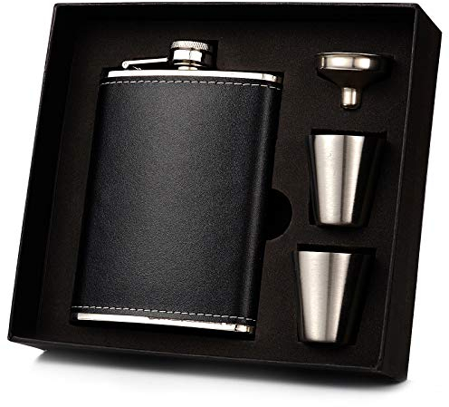 Hip Flask 8oz for Liquor for Camping and Hiking, Leather Covered 304 Stainless Steel Pocket Whisky Flask, Gift Set with Shot Glasses and Funnel for Men&Women