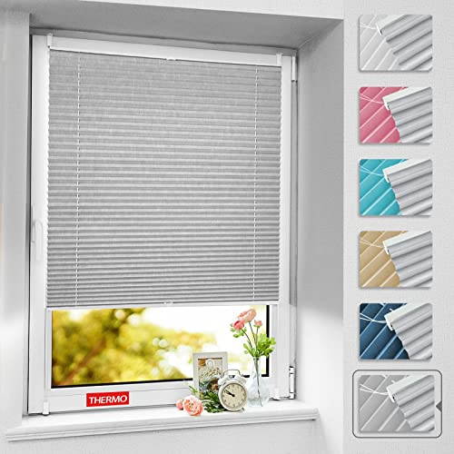 BelleMax Plissee ohne Bohren verdunkelung, Thermo Plisseerollo Klemmfix, Hellgrau 35x100cm(BxH), Verdunklungsplissee 100% lichtundurchlässig für Fenster, Blickdicht Sichtschutz Sonnenschutz
