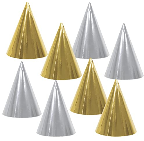 Nideen 8 Pack Party Hats Rose Gold and Silver, Cone Party Hats Birthday Hats Bulk for Adults and Kids(Gold, Silver)