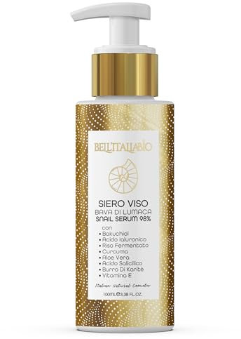 Siero Viso 100 ml con Bava di Lumaca, Acido Ialuronico, Vitamina E – Rigenerante e Illuminante con Aloe Vera - Trattamento Anti-Età Multifunzionale per Imperfezioni e Discromie – Made in Italy