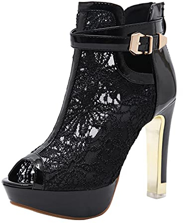 QWUVEDS stiletto tacones altos tacones altos negros tacones altos casuales sandalias de encaje flores altas mujeres sexy ascendente mujeres talón hueco cremallera zapatos malla sandalias de las
