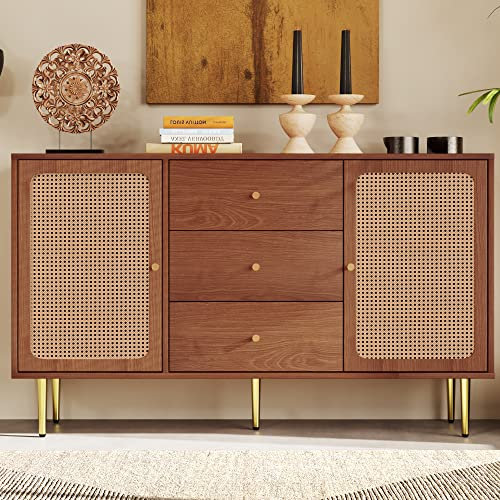 Dolamaní Commode avec 2 portes et 3 tiroirs - En rotin - Avec tiroir - Étagère réglable - Pour salon, chambre à coucher - Noyer (H90/L150/T40 cm)